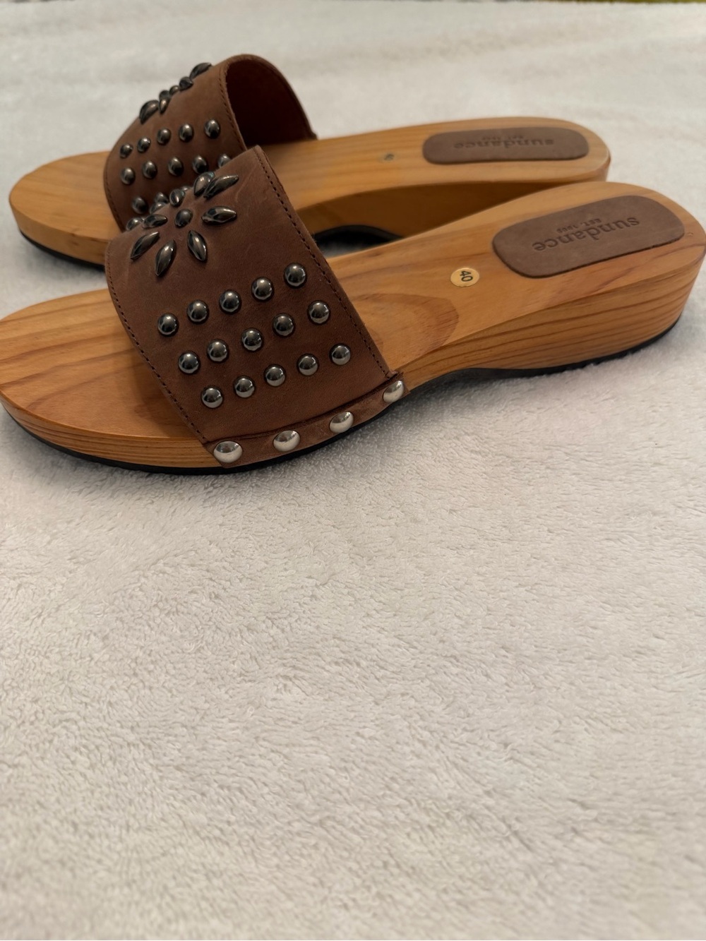 Sundance Brown Studded Wooden-Platform Slide Mules/Sandals